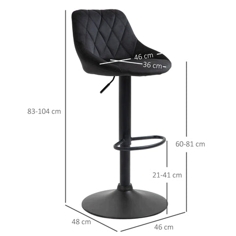 Rootz Bar Stool - Set Of 2 Bar Stools - Swivel Upholstered High Stool - Height-adjustable - Bar Stool Without Armrests - Black - 46 x 48 x 83-104 cm