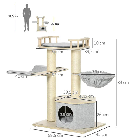 Rootz Kratzbaum – Haus mit 2 Hängematten – umrandete Plattform – waschbare Kissen – Grau – 59,5 x 45 x 89 cm