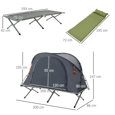 Rootz Tent - Camping Tent - 1 Person Camping Tent - Camp Bed And Mattress - Grey - 200 x 86 x 147 cm