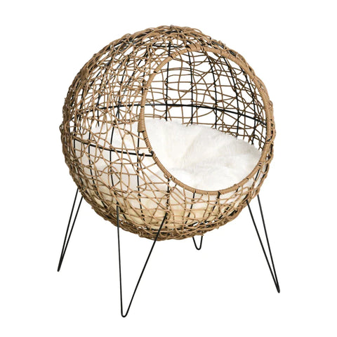 Rootz Rattan Cat Basket - Cat Cave - Cat Hut - Cat Bed with Cushion - Elevated Design - Pet Bed - Bruin - Ø45 x 57H cm