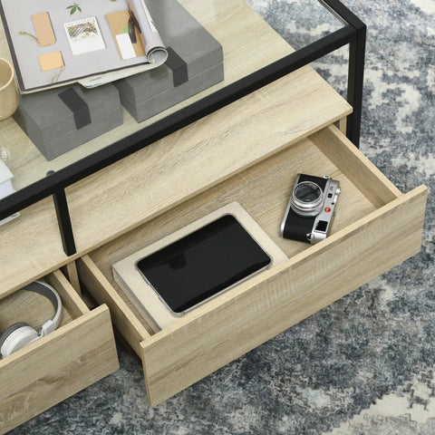Rootz Coffee Table - Modern Design - 2 Drawers - 2 Shelves - Black Steel Legs - Side Table - Chipboard - Natural + Black - 118L x 58W x 47H cm