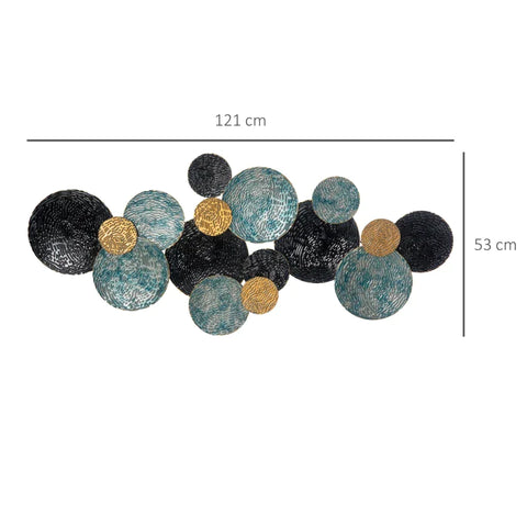 Rootz Metal Wall Decor - 3D Wall Art with Circles - Wall Decoration - Gold + Blue + Black - 121cm x 4cm x 53 cm