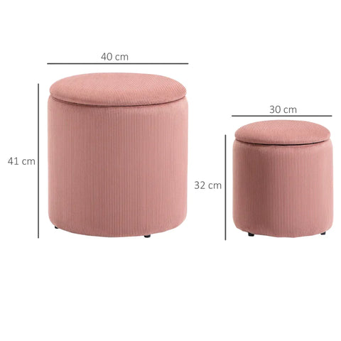 Rootz Stool Ottoman - Set Of Two - With Storage Space - Soft Padding - Cover In Corduroy Look - Pink - 40 x 40 x 41cm