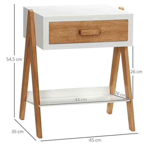 Rootz Side Table - Coffee Table - Side Table In Scandi Design - 1 Drawer 1 Shelf - MDF - White + Brown - 45L x 35W x 54.5H cm