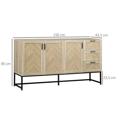 Rootz Sideboard In Industrial Design - 3 Cupboards - 3 Drawers -  Wood Material - Black + Nature - 156 cm x 43.5 cm x 85 cm
