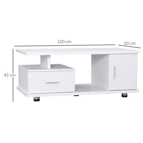 Rootz Couchtisch – 1 Schublade, 1 Schrank – 3 Regale – Weiß + Silber – 100 cm x 50 cm x 42 cm