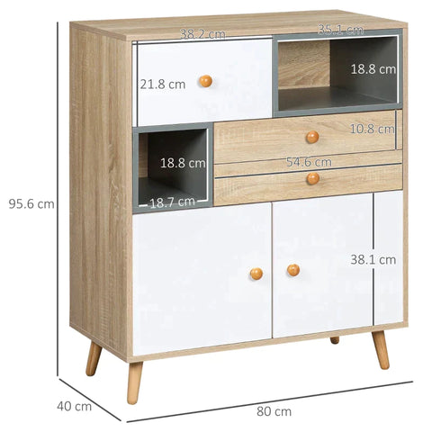 Rootz Sideboard - Sideboard Storage Cabinet - Sideboard In Scandi Design - 2 Drawers - 2 Shelves - 3 Cabinets - White + Natural + Grey - 80 cm x 40 cm x 95.6 cm