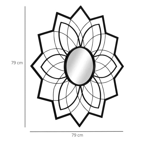 Rootz Round Mirror with Floral Patterns - Wall Mirror - Mirror Glass - Metal - MDF - Black - 79 cm x 79 cm x 0.4 cm