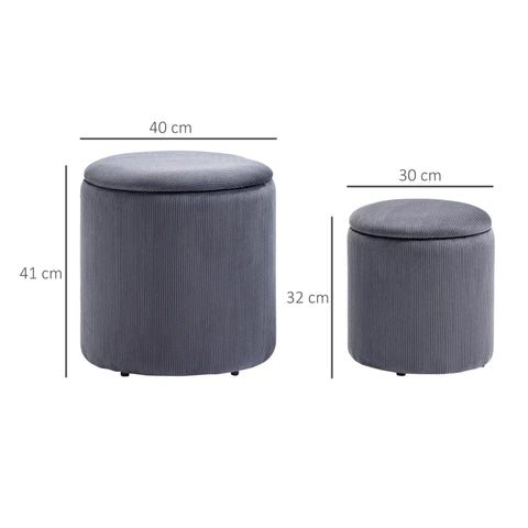 Rootz Stool Ottoman - Set Of Two - With Storage Space - Soft Padding - Cover In Corduroy Look - Grey - 40 x 40 x 41cm