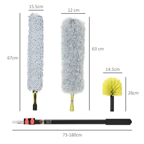 Rootz Duster Set - Three Attachments - Extendable Telescopic Rod - Polyester + Microfibre + Aluminium - Yellow + Grey - 4 x 4 x 180 cm