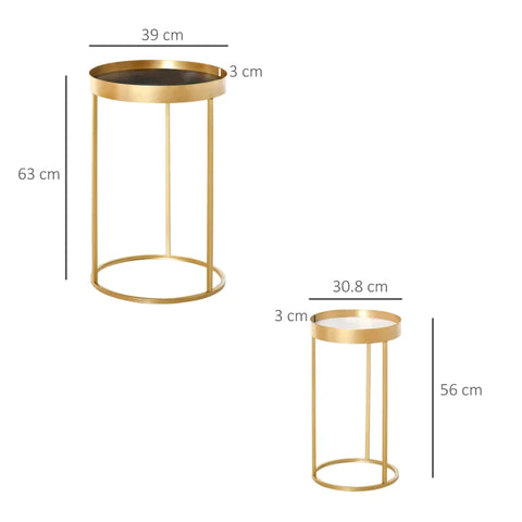 Rootz Side Table - Set of 2 Nesting Coffee Tables with Gold Metal Base - Round Side Table with Embedded Tabletop - Living Room - Bedroom - Gold - 39 cm x 39 cm x 63 cm