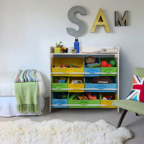 Rootz´s Spielzeug-Organizer mit 9 herausnehmbaren Behältern aus Vliesstoff – Stauraum – Bücherregal – Aufbewahrungsschrank – Spielzeug-Organizer – Spielzeugschrank – Holzrahmen – MDF – Weiß