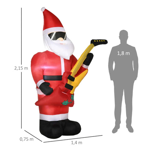 Rootz Christmas Decoration - Santa Claus with Electric Guitar - Inflatable Large Including Blower - Red - 140 x 75 x 215 cm