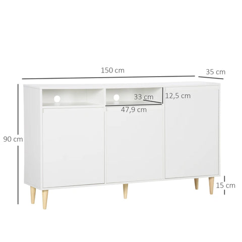 Rootz Sideboard - 3 Cupboards 2 Shelves Incl. Cable - Routing Holes - Wood-based Material - Pine Wood - White - 150 cm × 35 cm × 90 cm