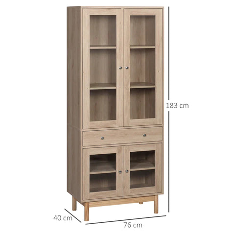Rootz Kitchen Cabinet - Display Cabinet - 5 Storage Compartments - Drawer - Glass Door - Anti-tipper - Wood - Oak - 76 x 40 x 183 cm