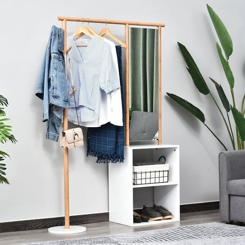 Rootz Wardrobe Rack - Coat Rack - Make-Up Mirror - Storage Cabinet - Shoe Cabinet - 4 Hooks - Bamboo - Nature