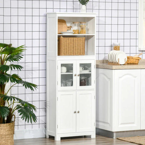 Rootz Kitchen Cabinet - 2 Shelves - Display Cabinet - Cupboard Compartment - MDF - Tempered Glass - White - 60 x 29 x 162 cm