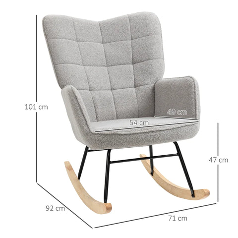 Rootz Retro Solid Wood Rocking Chair - Upholstered chair - Berber fleece - Cream White - 71cm x 92cm x 101cm