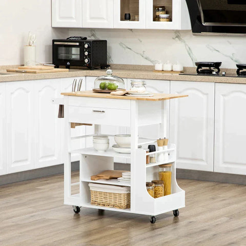 Rootz Kitchen Trolley - Serving Trolley - Kitchen Cart - With Wheels 1 Drawer - 1 Spice Rack 1 Towel Rack - White - 89cm x 48cm x 89cm