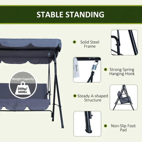 Rootz Hollywood Swing - Garden Swing - Hammock Swing - Swing Bench - Swing Chair With Canopy - 3-seater - Grey - 172 X 110 X 153 Cm