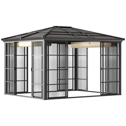 Rootz Garden Gazebo - with Mosquito Net - Party Tent - Weatherproof - Sliding Roof - Black + Khaki - 365cm x 300cm x 262cm