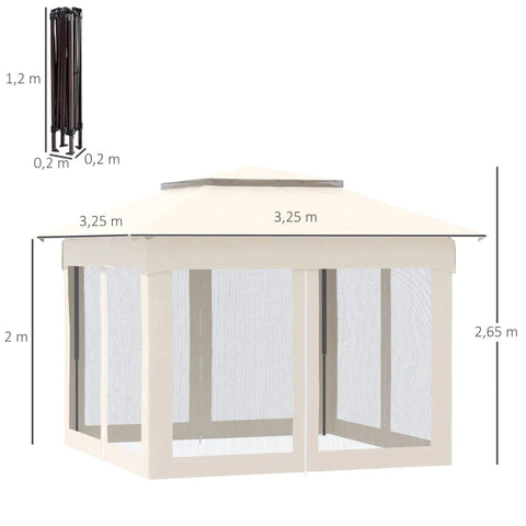 Rootz Gazebo - Folding Pavilion With Side Walls - Metal - Polyester - Mosquito Net - White - 3.25 x 3.25 x 2.65 m