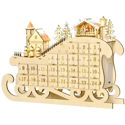 Rootz Christmas Advent Calendar - Christmas Calendar With LED Lights - With 24 Draw Compartments - Christmas Decoration - DIY Plywood Board - Natural Wood - 45 x 10 x 31 cm