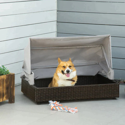 Rootz Rotan Hondenkennel - Rotan Hondenhok - Met Dak - Hondenligstoel - Hondenhok - Huisdierbed - Hondenbed - Hondenmand - Hondensofa Hond - Koffie/Grijs - 90 x 60 x 65 cm