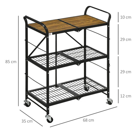 Rootz Industrial Design Kitchen Trolley - 3 Shelves - Multi-Purpose Trolley - Serving Trolley - 4 Wheels - Folding - MDF - Brown + Black - 68L x 35W x 85H cm