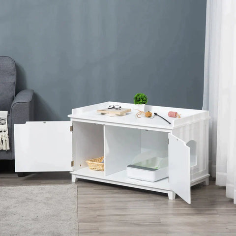 Rootz Litter Box - Cat Cabinet - Litter Box Cat House - Chest Of Drawers Cat Cave - With Partition Cabinet - MDF - White - 95.4 x 54 x 57.5 cm