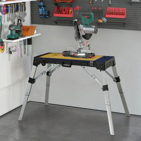 Rootz Workbench - 4-In-1 Design Workbench - Foldable Worktable - Scaffold Reversible Worktop - With Angle Marking Creeper And Trolley - Height Adjustable - Up To 125 Kg - Blue - 132 x 82.5 x 77.5 cm