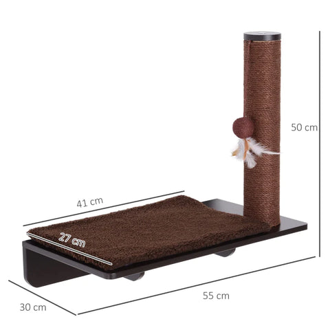 Rootz Climbing Wall Cats - Cat Lounger - Wall Scratching Post - Scratching Post Lounger - 53cm Cat Shelf - Cat Shelf With Ball Toy - Wall-mounted Cat Toy - Durable Cat Scratching Post - Cat Relaxation Shelf - Luxury Cat Wall Furniture - Brown