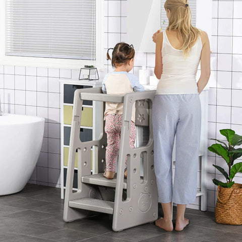 Rootz Kids Step Stool - Learning Tower - 3-level Height Adjustable - Dining Room - Non-slip Feet - Robust Plastic - Gray - 47 x 47 x 90cm