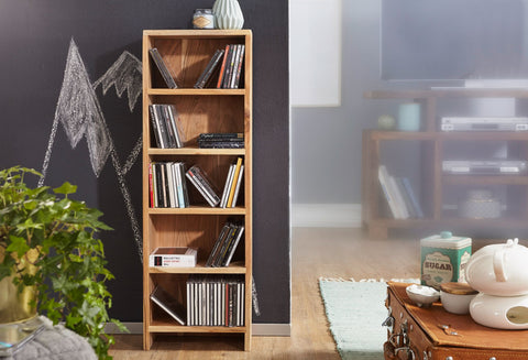 Rootz CD Shelf - Acacia Wood - Standing Shelving with 5 CD Storage Compartments - Natural Country Style Bookcase - 90 cm
