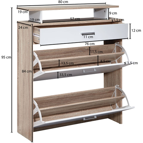 Rootz Shoe Rack with Drawer - Modern Sonoma Oak - Narrow Shoe Storage Cabinet - Hallway Closet Shoe Rack Shelf - 80x95x24 cm