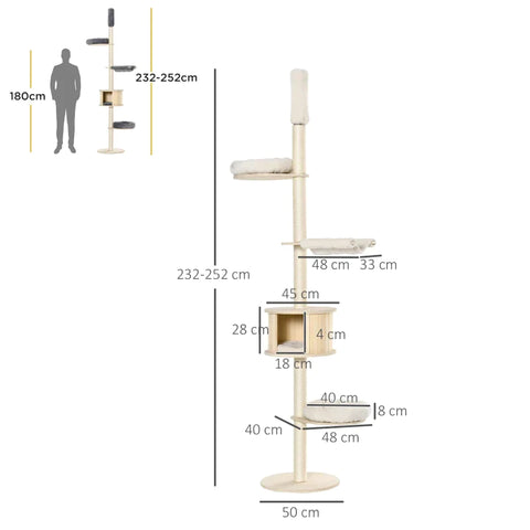 Rootz Krabpaal - Krabpaal - Klimboom voor hoog plafond - Houten kattengrot - Sisal pluche - In hoogte verstelbaar - Crème - 50 x 50 x 232-252 cm