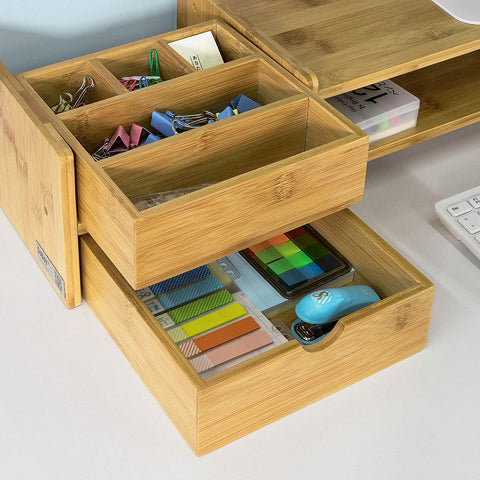 Rootz Bambus-Monitorständer – Computerbildschirm – Monitorständer – Monitorerhöhung, Schreibtisch-Organizer, 2 Regale, 2 Schubladen