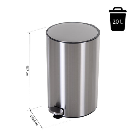 Rootz Trash Can - Pedal Bin - Inner Bucket - 20 L - Soft Close - Stainless Steel - 30.8 x 48.7 cm - Silver - Black