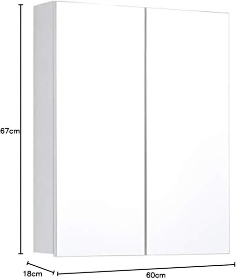 Rootz Bathroom Mirror Cabinet - Wall Storage - Reflective Unit - Vanity Organizer - Bath Fixture - Mirrored Chest - Washroom Cupboard - White High Gloss - 60 x 67 x 18 cm