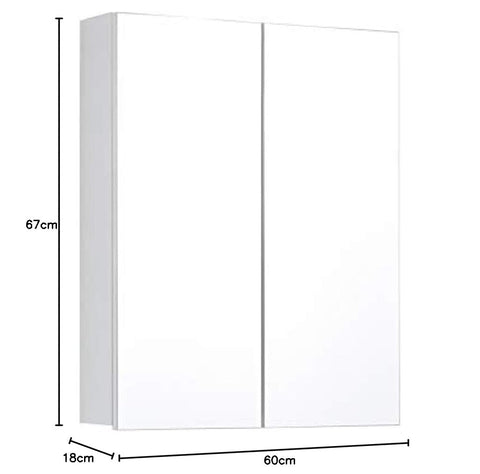 Rootz Bathroom Mirror Cabinet - Wall Storage - Reflective Unit - Vanity Organizer - Bath Fixture - Mirrored Chest - Washroom Cupboard - White High Gloss - 60 x 67 x 18 cm