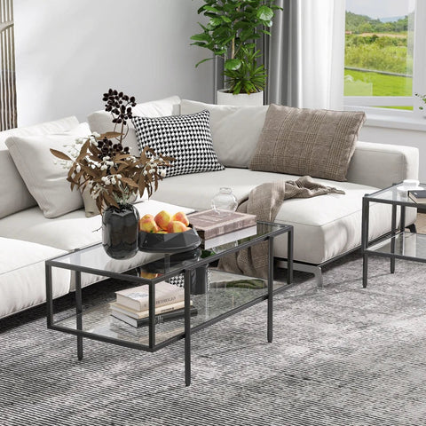 Rootz Couchtisch – Beistelltisch – mit Glasplatte – Tisch – mit 3 Ablagen – gehärtetes Glas/Stahl – transparent/schwarz – 100 x 55 x 45,5 cm