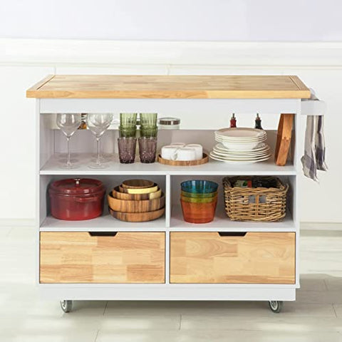 Rootz Kitchen Cabinet Cupboard Sideboard Kitchen Island Kitchen Storage Trolley with Rubber Wood Worktop