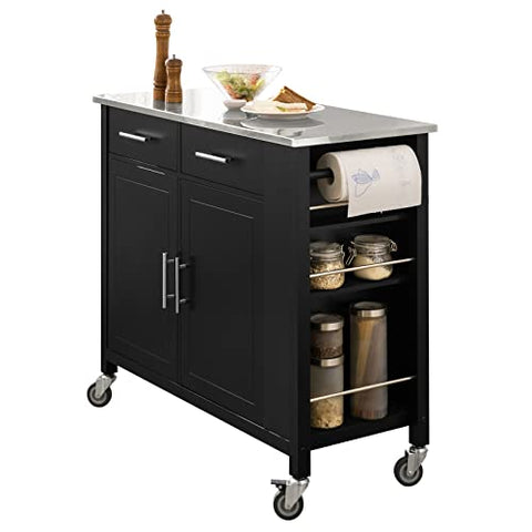 Rootz Kitchen Storage Trolley Cart with Stainless Steel Worktop-Kitchen Island Kitchen Cabinet Cupboard Sideboard on Wheels