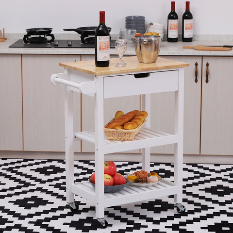 Rootz Kitchen Trolley - Serving Trolley - 2 Drawers - On Wheels - 4 Storage Compartments - 88.5 x 40 x 86 cm - White - Brown