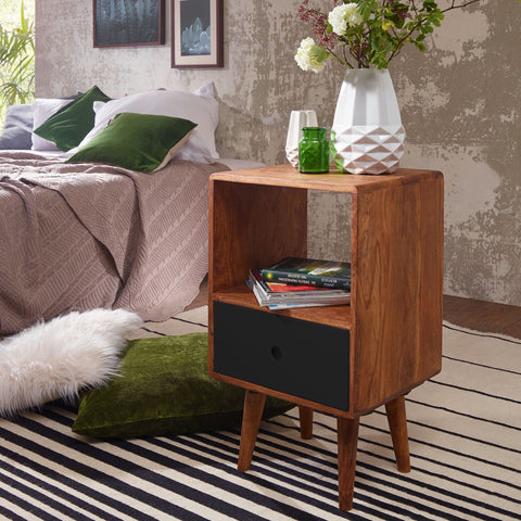 Rootz Nightstand -  Retro - Sheesham Wood - Dark Brown/Black - Design Nightstand - Large Bedside Table - 40x35x70 cm