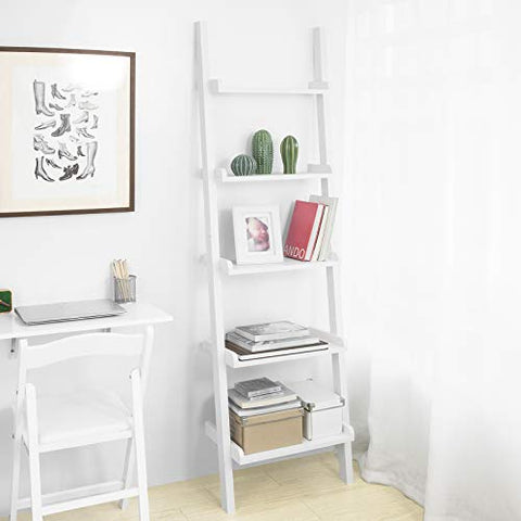 Rootz White Modern 5 Tiers Wood Ladder Shelf-Storage Display Shelving Wall Shelf Bookcase