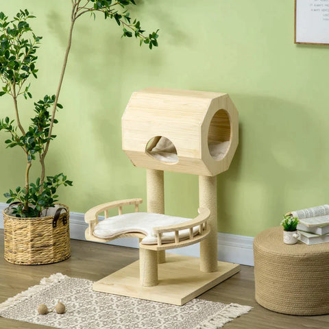 Rootz Scratching Post - Cat House - Three Scratching Posts - Cat Tree - With Lounger - Washable Lounger Cushions - Pine Wood - Natural Wood - 59.5 x 59.5 x 92cm