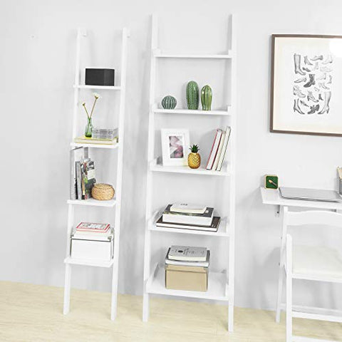 Rootz White Modern 5 Tiers Wood Ladder Shelf-Storage Display Shelving Wall Shelf Bookcase