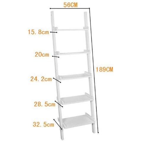 Rootz White Modern 5 Tiers Wood Ladder Shelf-Storage Display Shelving Wall Shelf Bookcase