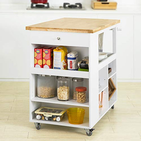 Rootz Kitchen Storage Trolley Kitchen Cabinet Cupboard Sideboard Kitchen Island with Rubber Wood Worktop
